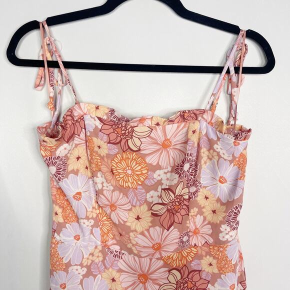 Lola and Grace Small S Pink Orange Floral Tie Strap Skater Dress Smocked Back - Picture 3 of 10